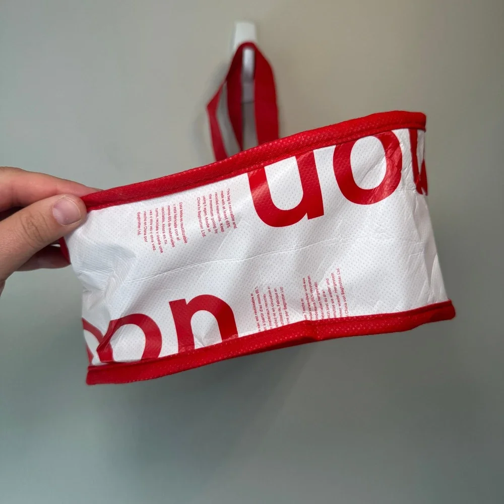 Lululemon Athletica Small Reusable Shopping Tote Bag Red White Logo Snap Closure